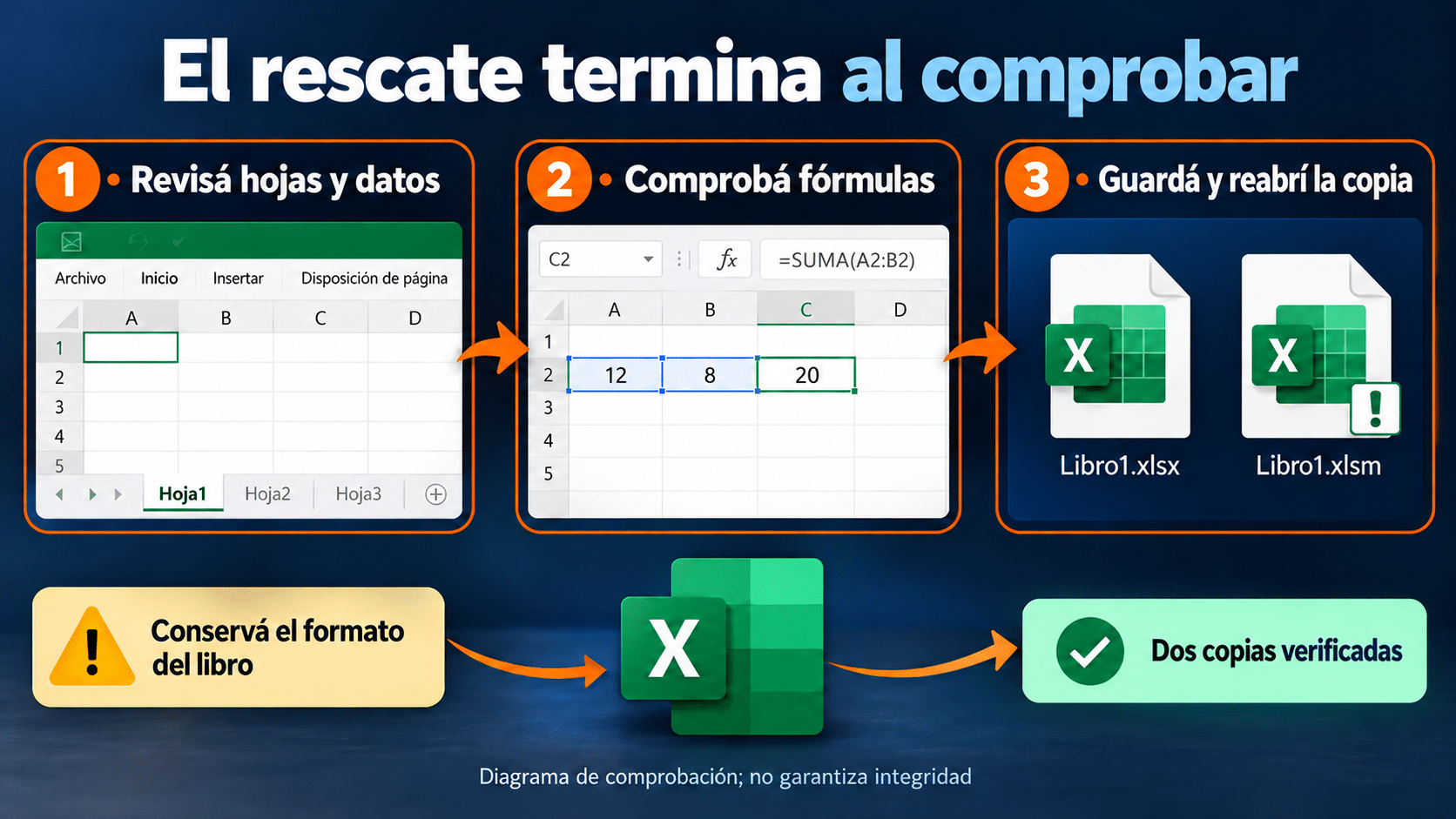 Comprobación de Excel: hojas, fórmulas, copia nueva y destino seguro