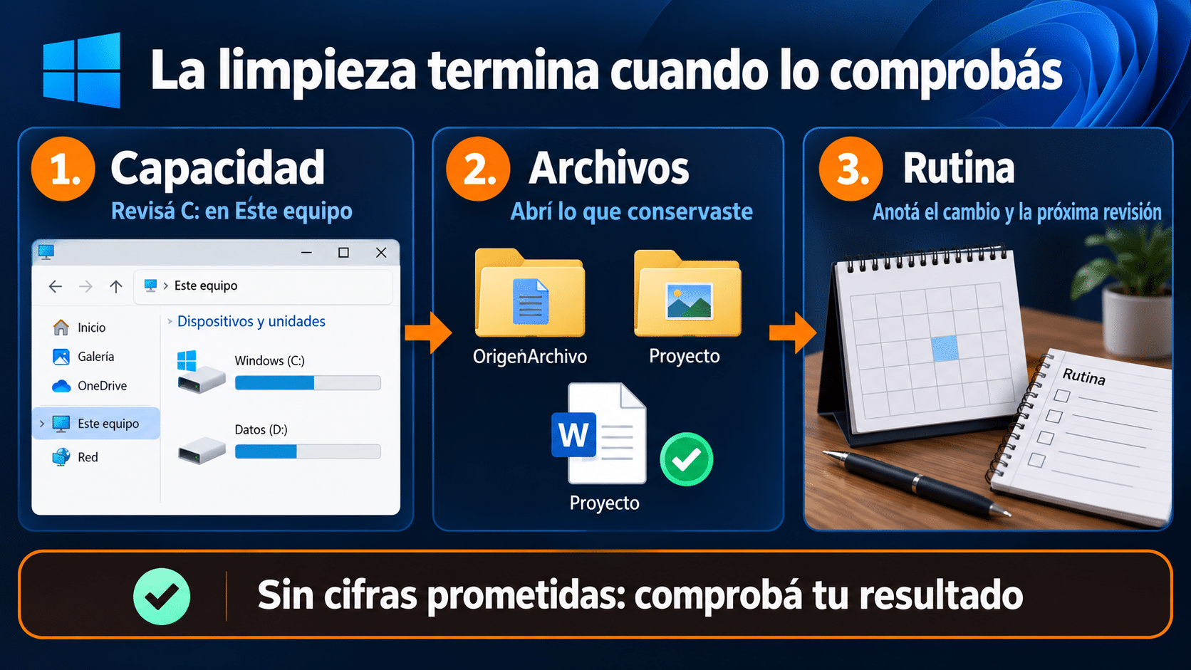 Comprobar espacio libre de C archivos conservados y rutina futura