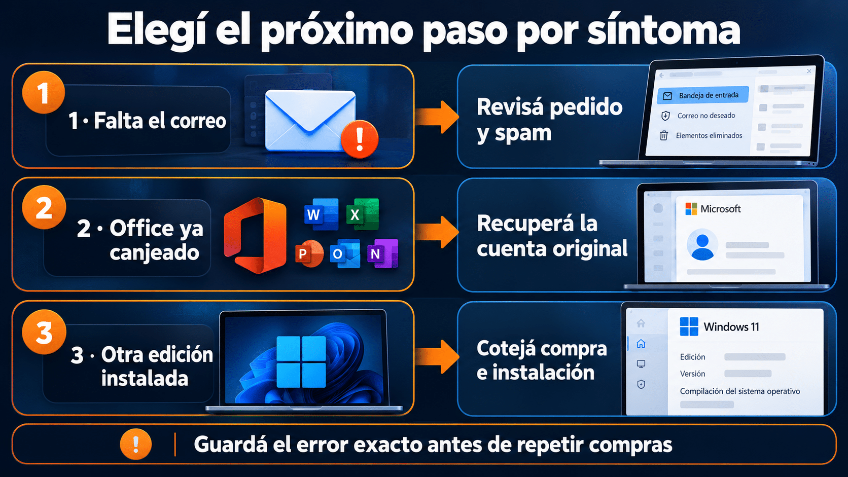 Diagnóstico por síntoma: entrega pendiente, clave canjeada o edición equivocada