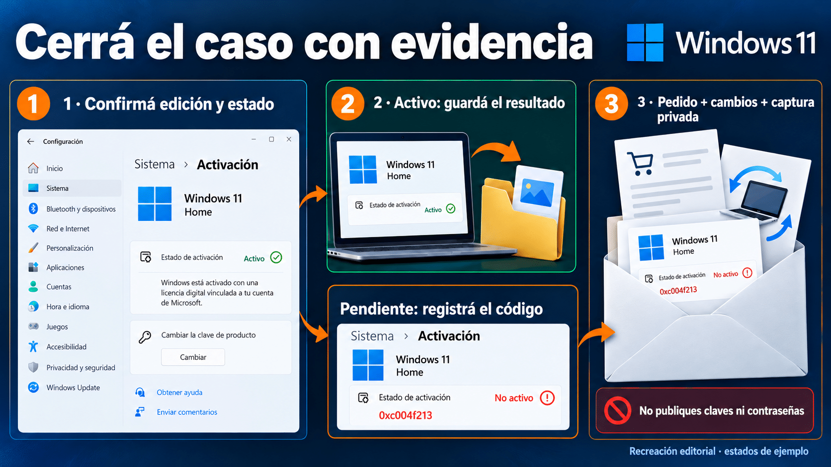 Lista para cerrar la recuperación: edición, estado, compra y mensaje para soporte