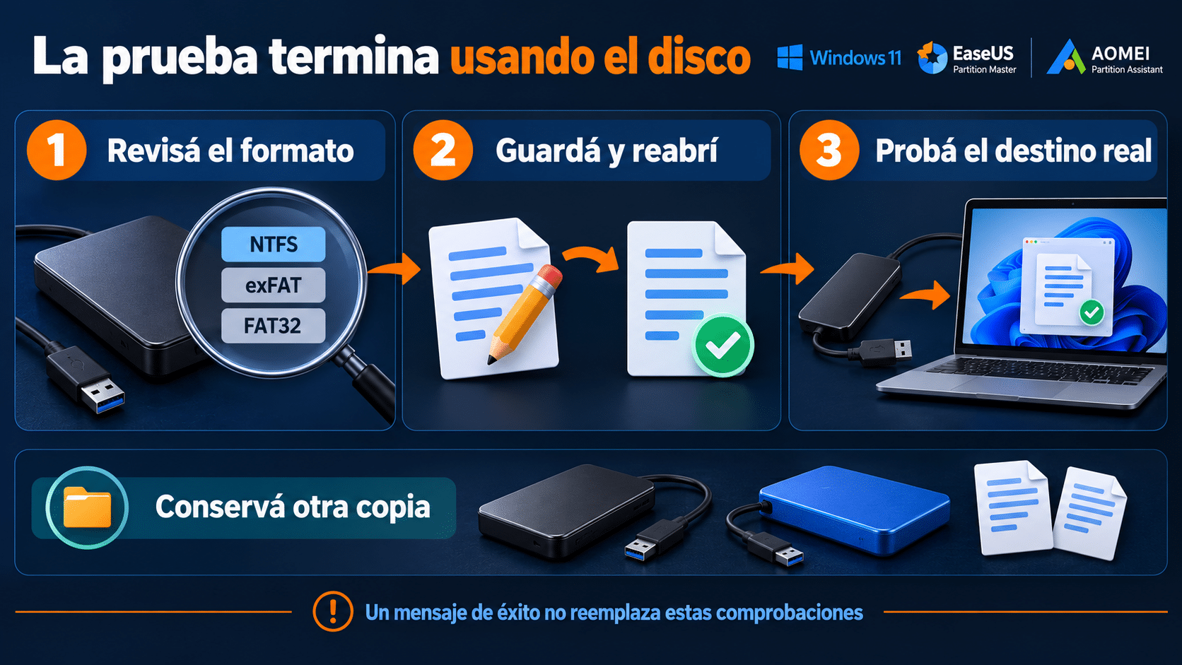 Formato comprobado, archivo guardado y unidad reconectada antes del uso normal