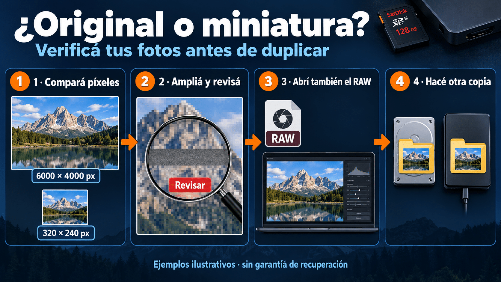 Comprobar foto recuperada: píxeles, ampliación, archivo RAW y segunda copia