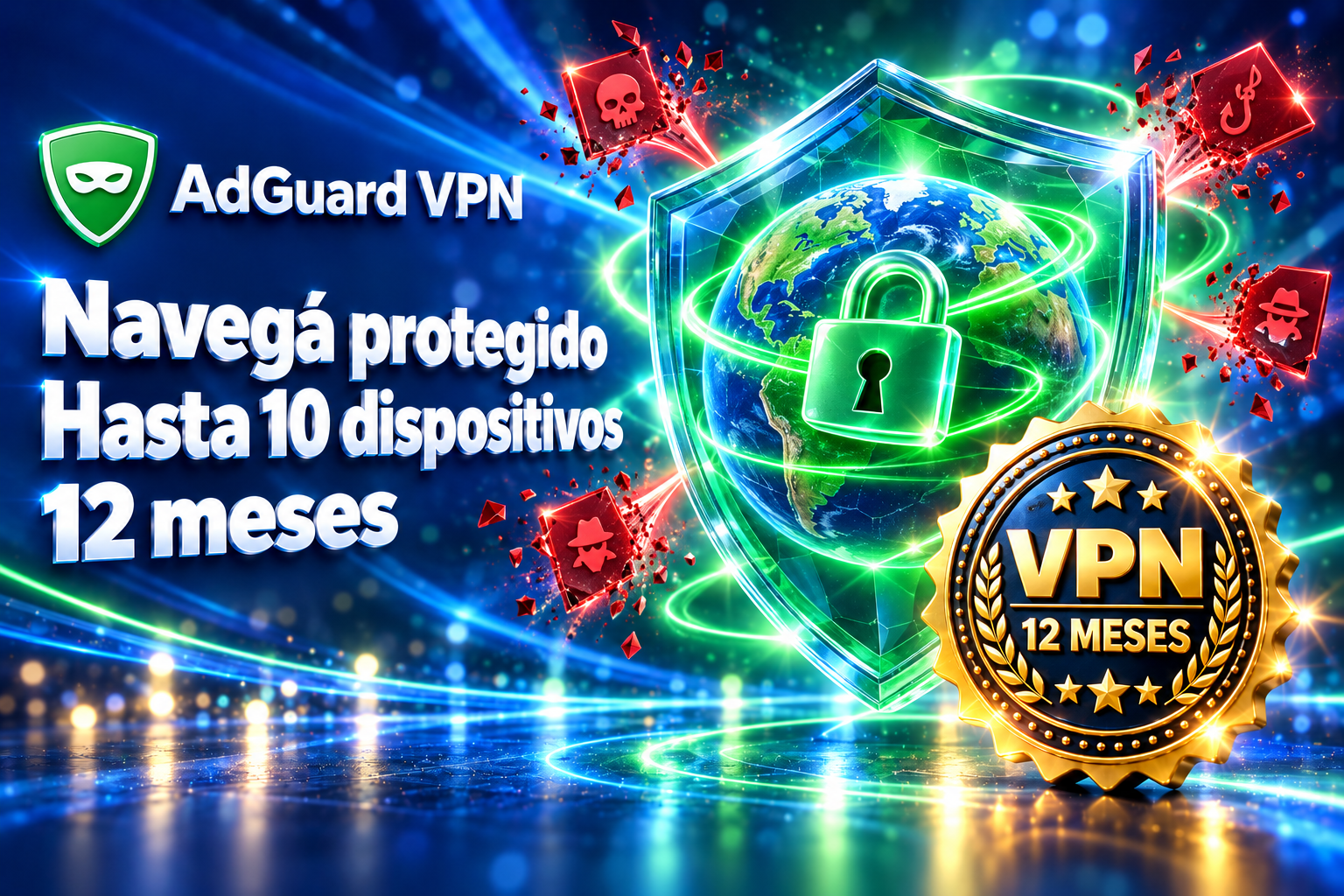 Flyer de AdGuard VPN: navegá protegido, hasta 10 dispositivos, 12 meses