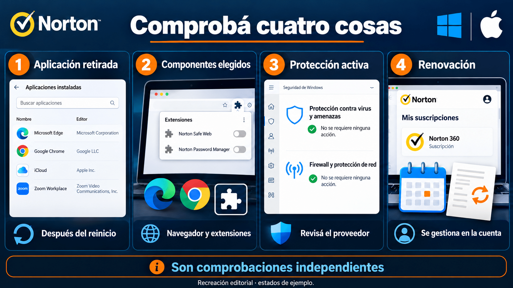 Comprobación final: aplicación retirada, componentes elegidos, protección y renovación