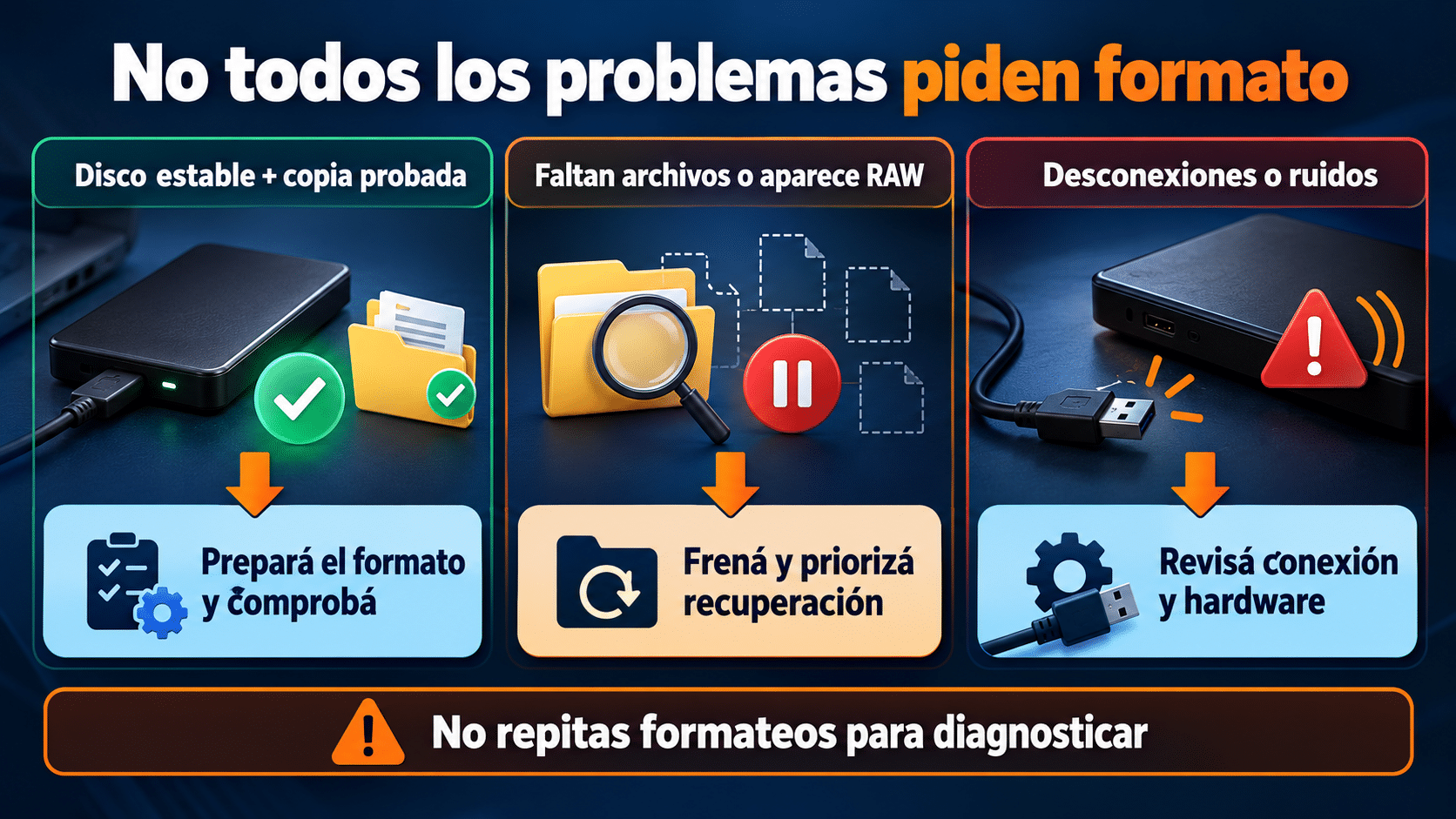 Distinguir un volumen preparado, una pérdida de archivos y un problema físico